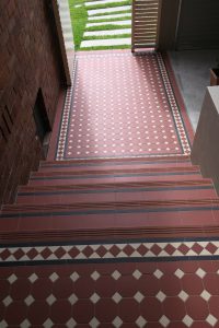 OXLEY PATTERN DARK RED OCTAGON + NORWOOD BORDER + INFILL + STEPTREADS, STRIPS + 200X200 DARK RED