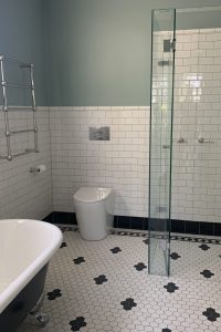 55mm VITRIFIED PORCELAIN HEXAGON - MADISON CHECKER PATTERN + NORWOOD BORDER + INFILL - 150X75 SNOW SUBWAY TILE + CAPPING + SKIRTING - RENDITIONS TILES
